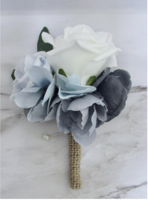 dusky blue artificial buttonhole, dusky blue wedding buttonhole